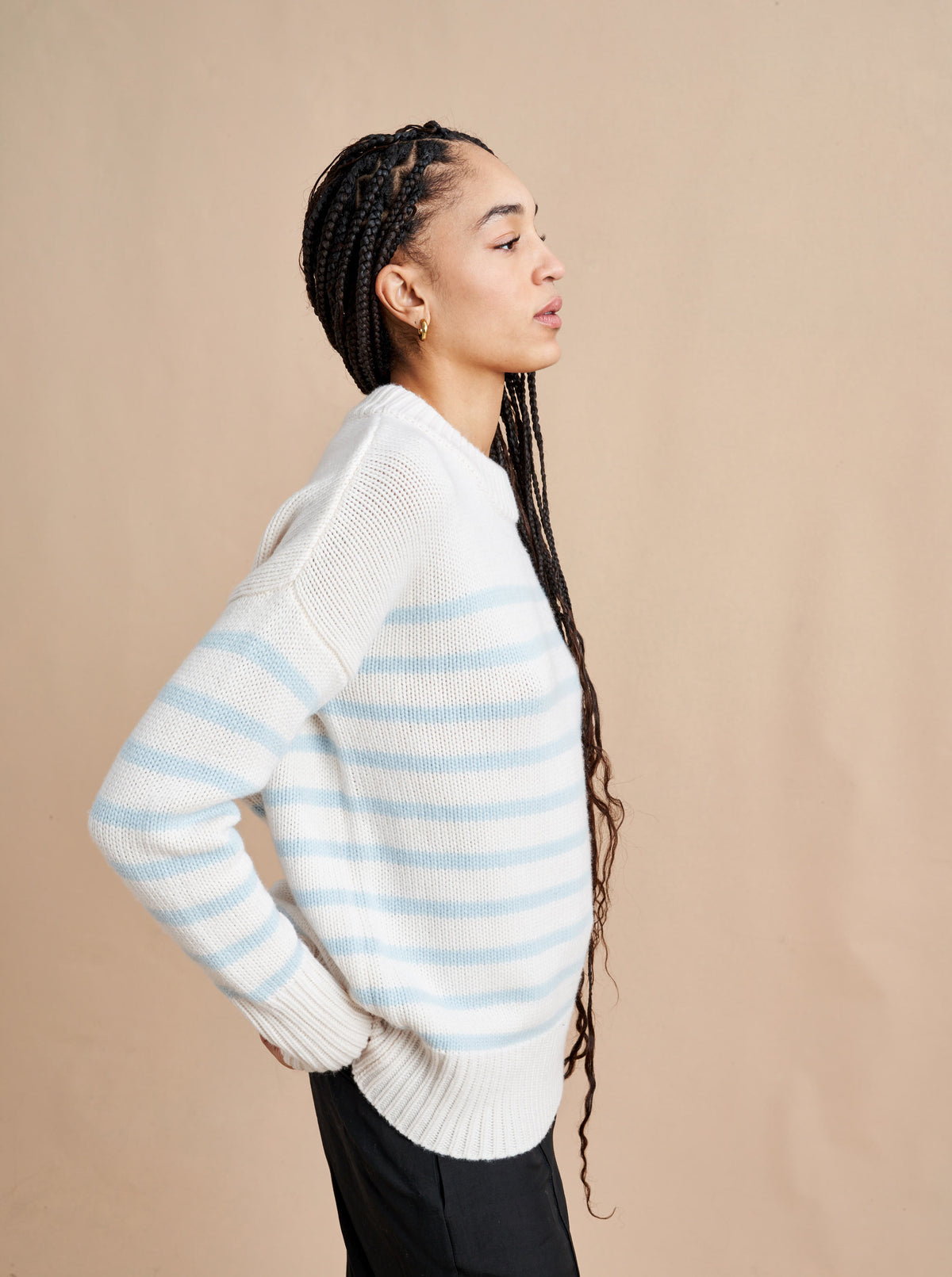 Get on board with our cream and pale blue striped, 7-ply wool-cashmere sweater. Comfort and style, not mutually exclusive.