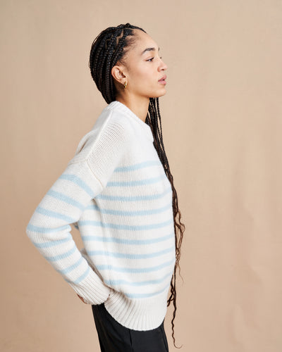 Get on board with our cream and pale blue striped, 7-ply wool-cashmere sweater. Comfort and style, not mutually exclusive.