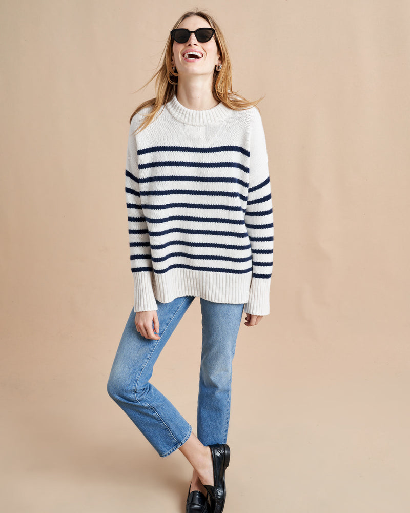 Get on board with our cream with navy stripe 7-ply wool-cashmere sweater. Comfort and style, not mutually exclusive.