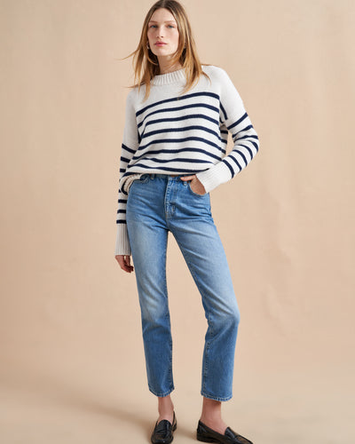 Get on board with our cream with navy stripe 7-ply wool-cashmere sweater. Comfort and style, not mutually exclusive.