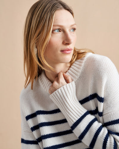 Get on board with our cream with navy stripe 7-ply wool-cashmere sweater. Comfort and style, not mutually exclusive.