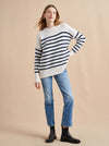 Get on board with our cream with navy stripe 7-ply wool-cashmere sweater. Comfort and style, not mutually exclusive.