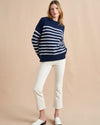 Get on board with our navy with cream stripe 7-ply wool-cashmere sweater. Comfort and style, not mutually exclusive.