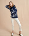 Get on board with our navy with cream stripe 7-ply wool-cashmere sweater. Comfort and style, not mutually exclusive.