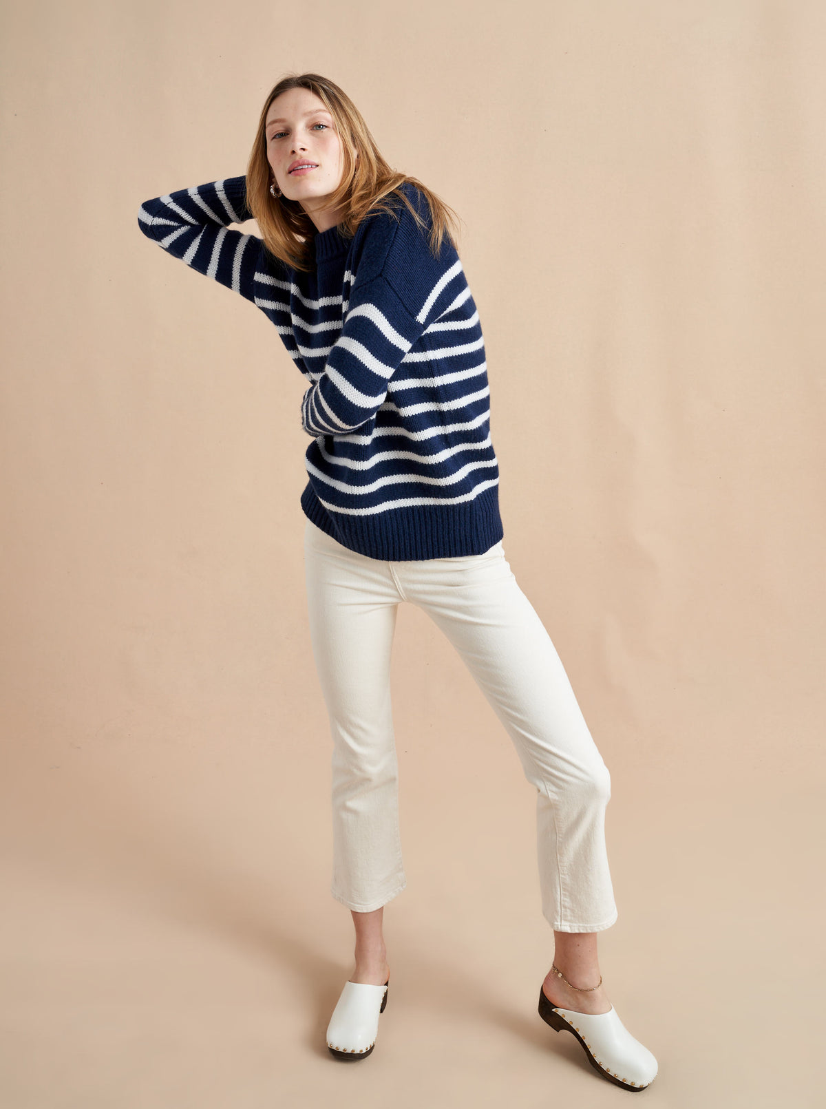 Get on board with our navy with cream stripe 7-ply wool-cashmere sweater. Comfort and style, not mutually exclusive.