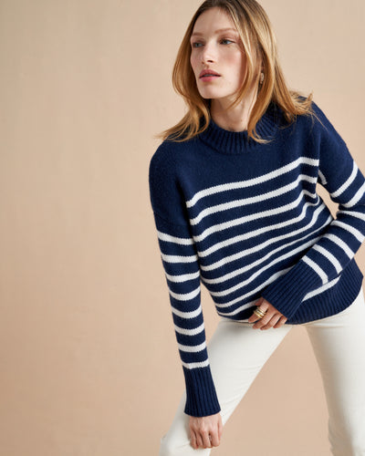 Get on board with our navy with cream stripe 7-ply wool-cashmere sweater. Comfort and style, not mutually exclusive.