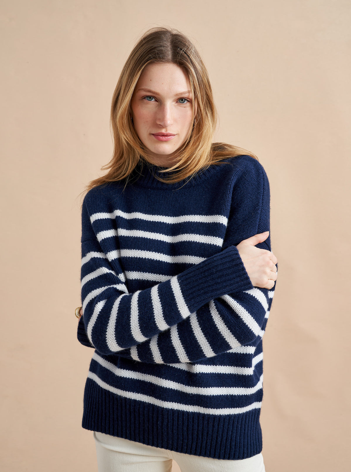 Get on board with our navy with cream stripe 7-ply wool-cashmere sweater. Comfort and style, not mutually exclusive.