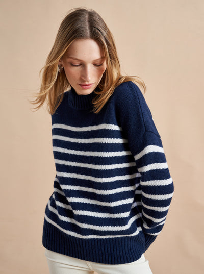 Get on board with our navy with cream stripe 7-ply wool-cashmere sweater. Comfort and style, not mutually exclusive.