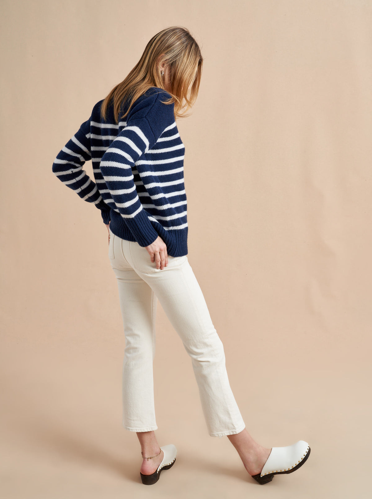 Get on board with our navy with cream stripe 7-ply wool-cashmere sweater. Comfort and style, not mutually exclusive.