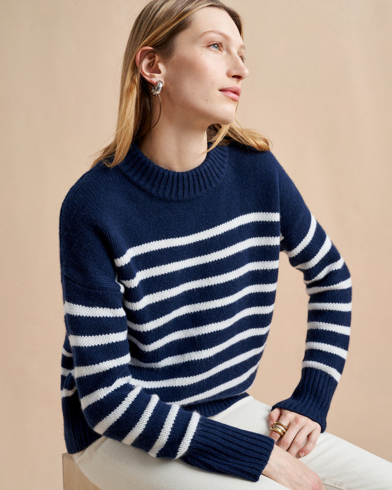 Get on board with our navy with cream stripe 7-ply wool-cashmere sweater. Comfort and style, not mutually exclusive.