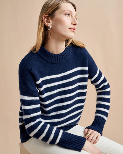 Get on board with our navy with cream stripe 7-ply wool-cashmere sweater. Comfort and style, not mutually exclusive.