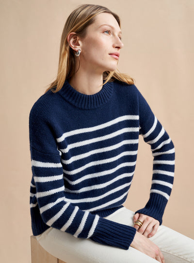 Get on board with our navy with cream stripe 7-ply wool-cashmere sweater. Comfort and style, not mutually exclusive.