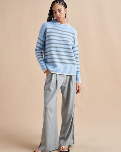 Get on board with our light blue with grey stripe 7-ply wool-cashmere sweater. Comfort and style, not mutually exclusive.