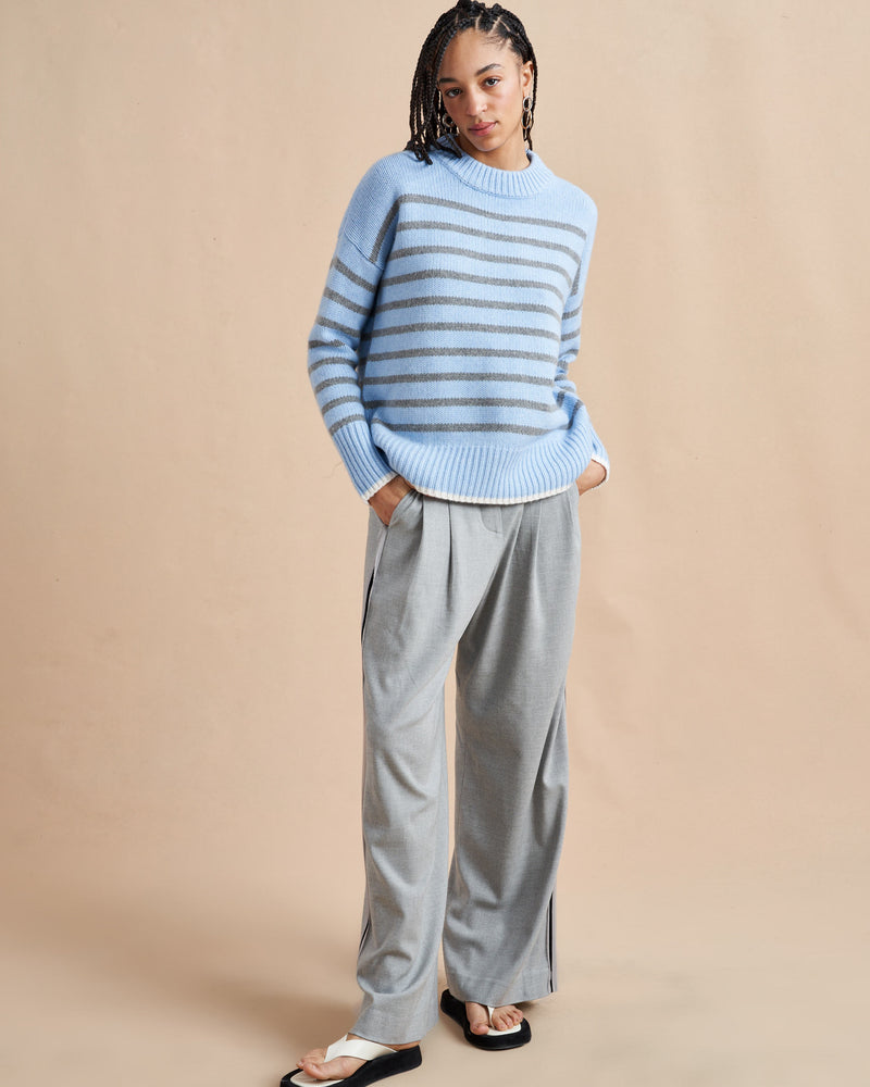 Get on board with our light blue with grey stripe 7-ply wool-cashmere sweater. Comfort and style, not mutually exclusive.