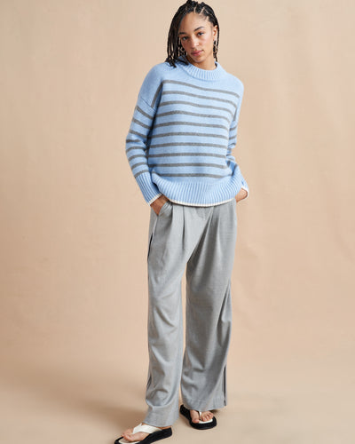 Get on board with our light blue with grey stripe 7-ply wool-cashmere sweater. Comfort and style, not mutually exclusive.