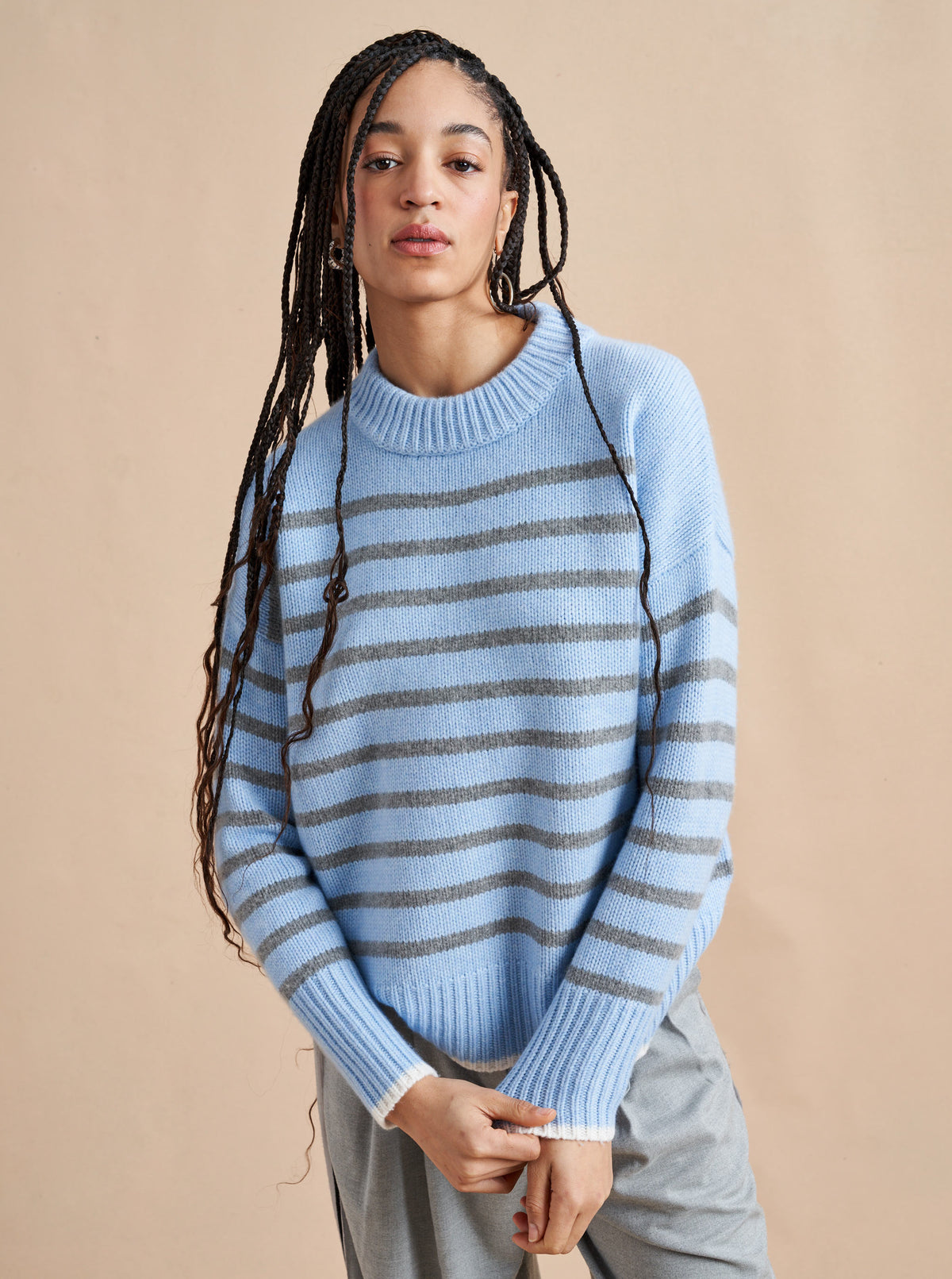 Get on board with our light blue with grey stripe 7-ply wool-cashmere sweater. Comfort and style, not mutually exclusive.