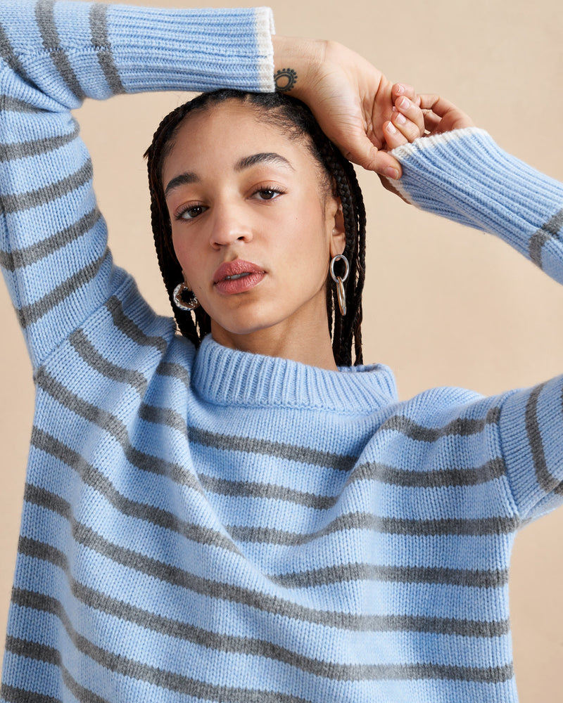 Get on board with our light blue with grey stripe 7-ply wool-cashmere sweater. Comfort and style, not mutually exclusive.