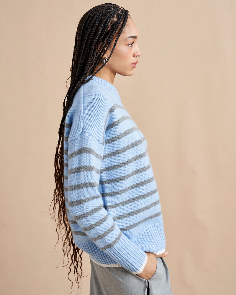 Get on board with our light blue with grey stripe 7-ply wool-cashmere sweater. Comfort and style, not mutually exclusive.