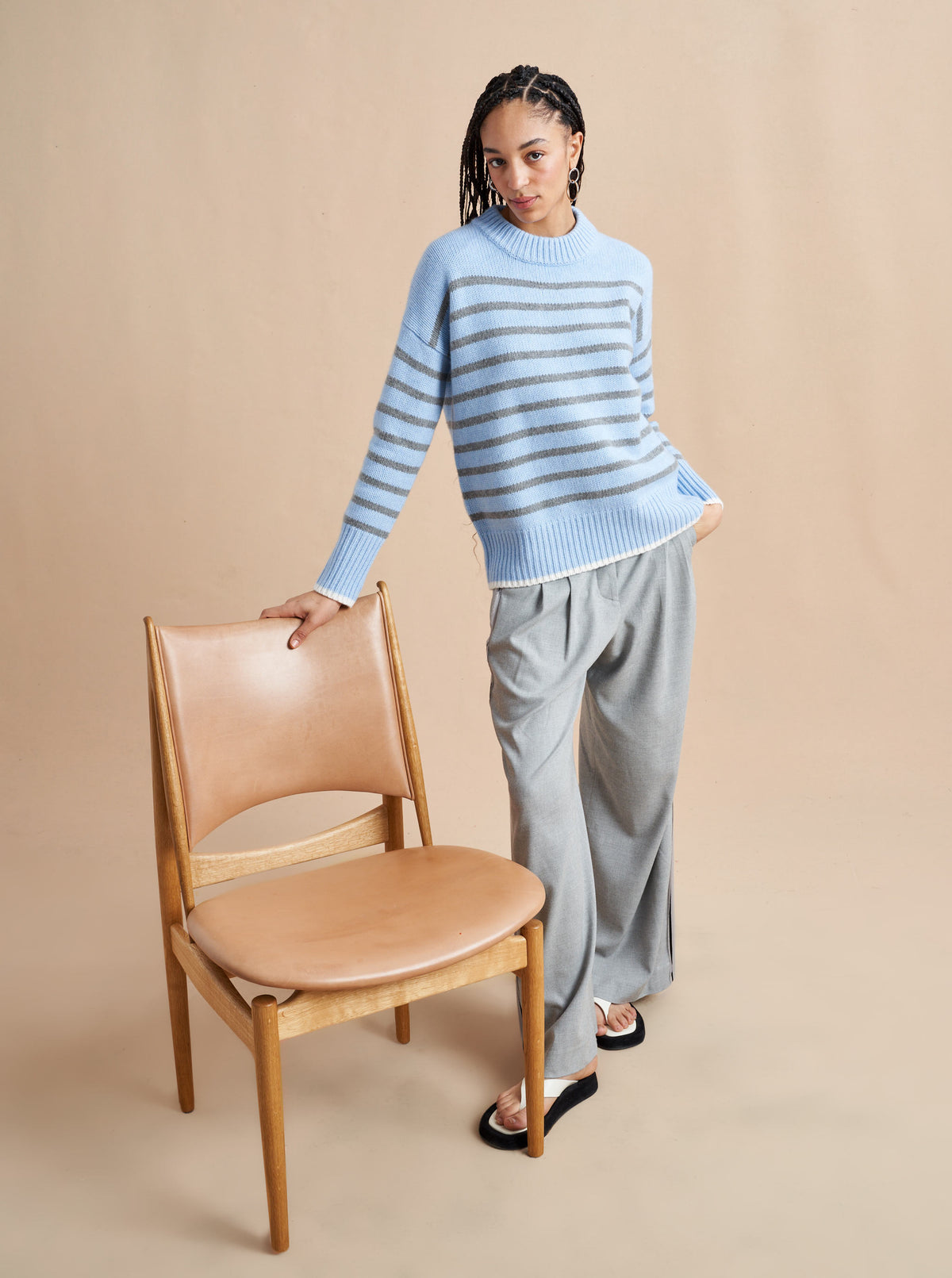 Get on board with our light blue with grey stripe 7-ply wool-cashmere sweater. Comfort and style, not mutually exclusive.