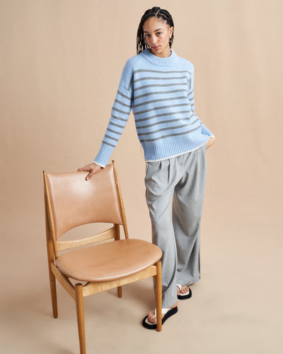 Get on board with our light blue with grey stripe 7-ply wool-cashmere sweater. Comfort and style, not mutually exclusive.