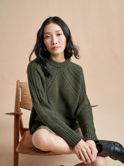 Max for maxiumum softness in 100% recycled cashmere, this oversized sweater with raglan sleeves is max on details like directional ribbing near the armholes and tops of the sleeves with mixed stitches on the body and sleeves. More is more.