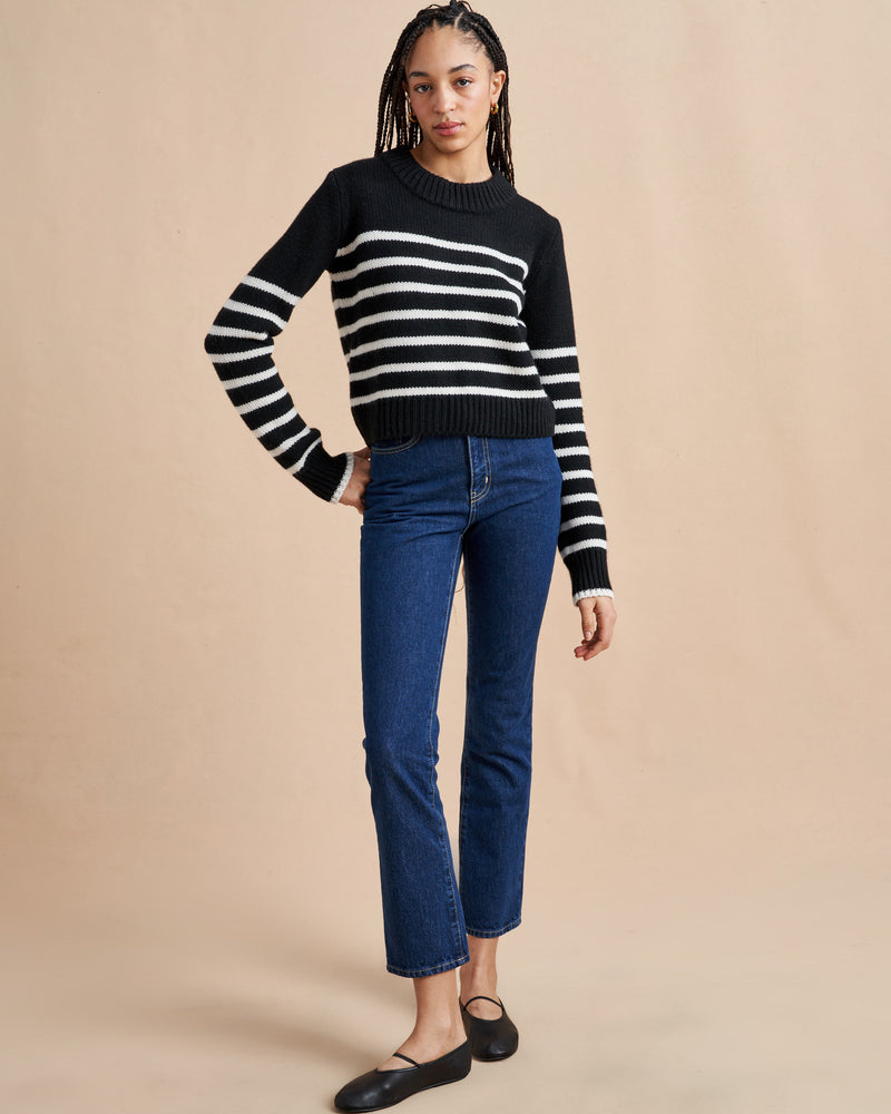 Get on board with our black with cream stripe, 7-ply wool-cashmere sweater, shrunken and slightly cropped, but as always, comfort and style not mutually exclusive.