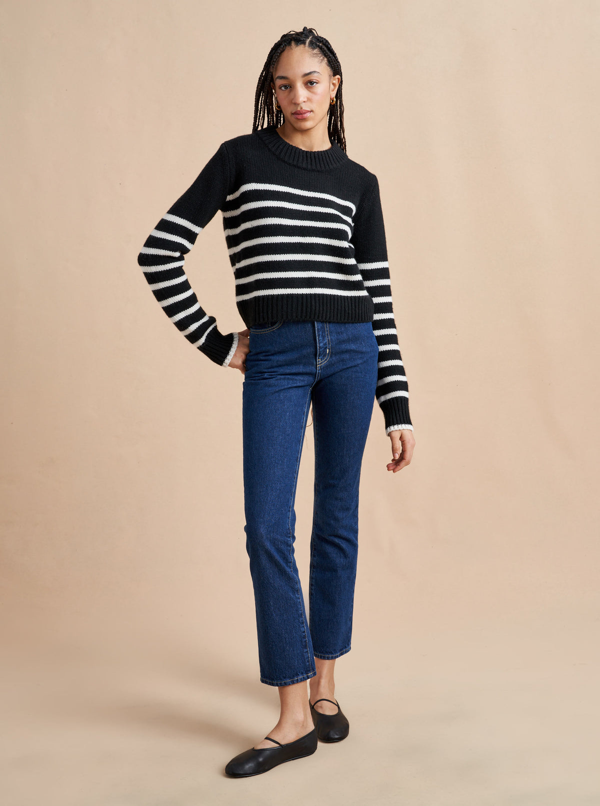 Get on board with our black with cream stripe, 7-ply wool-cashmere sweater, shrunken and slightly cropped, but as always, comfort and style not mutually exclusive.