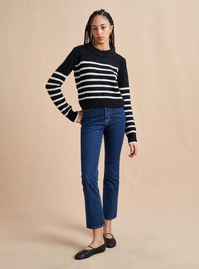 Get on board with our black with cream stripe, 7-ply wool-cashmere sweater, shrunken and slightly cropped, but as always, comfort and style not mutually exclusive.
