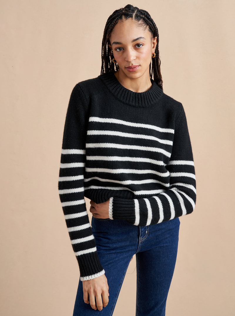 Get on board with our black with cream stripe, 7-ply wool-cashmere sweater, shrunken and slightly cropped, but as always, comfort and style not mutually exclusive.