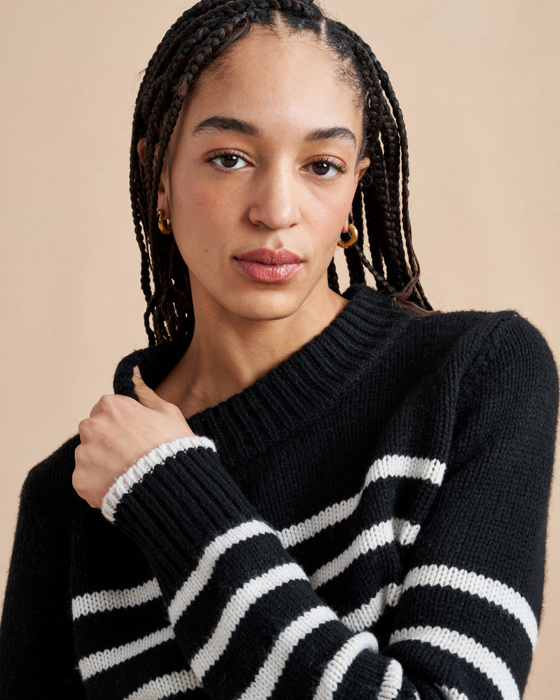 Get on board with our black with cream stripe, 7-ply wool-cashmere sweater, shrunken and slightly cropped, but as always, comfort and style not mutually exclusive.