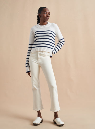 Get on board with our cream with navy stripe, 7-ply wool-cashmere sweater, shrunken and slightly cropped, but as always, comfort and style not mutually exclusive.