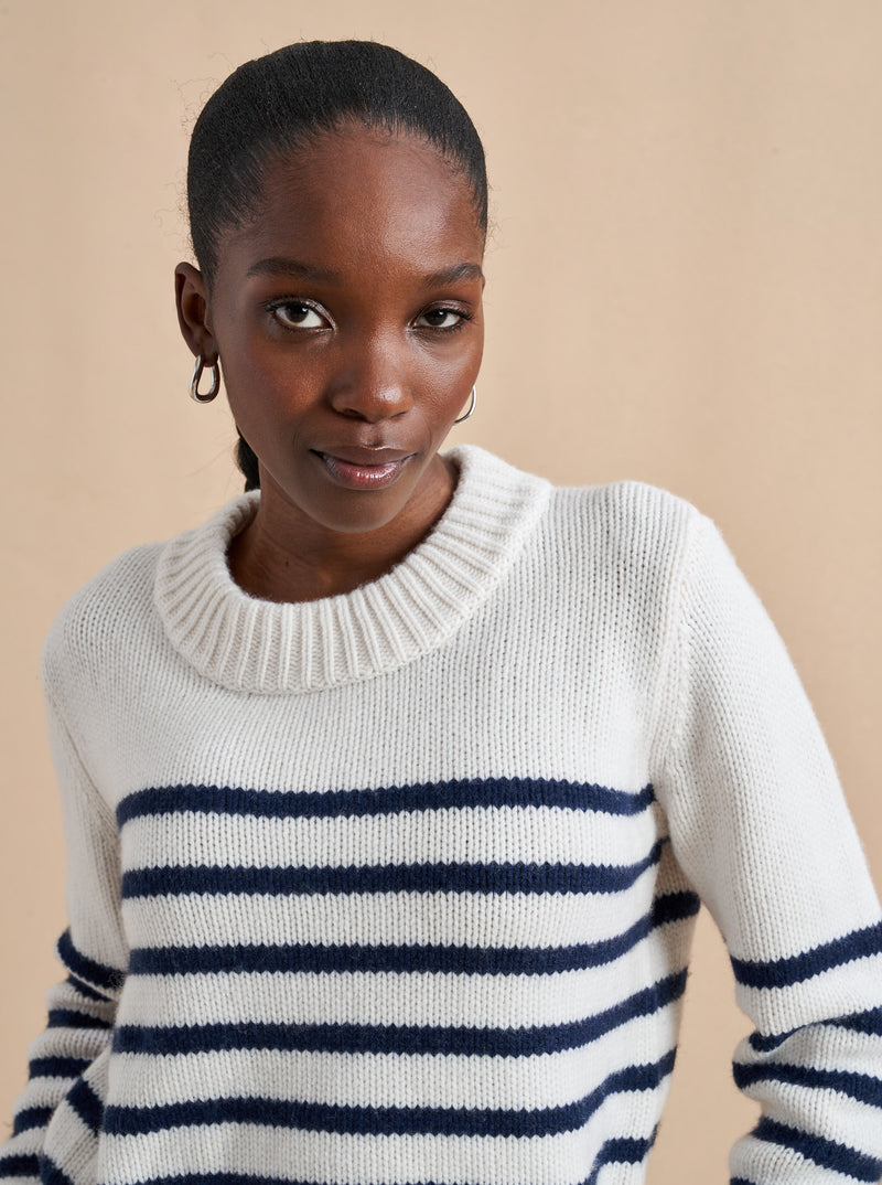 Get on board with our cream with navy stripe, 7-ply wool-cashmere sweater, shrunken and slightly cropped, but as always, comfort and style not mutually exclusive.