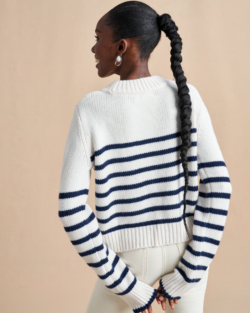 Get on board with our cream with navy stripe, 7-ply wool-cashmere sweater, shrunken and slightly cropped, but as always, comfort and style not mutually exclusive.