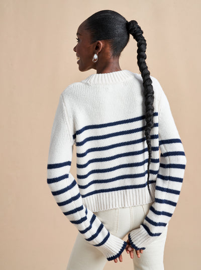 Get on board with our cream with navy stripe, 7-ply wool-cashmere sweater, shrunken and slightly cropped, but as always, comfort and style not mutually exclusive.