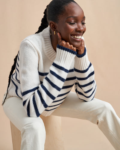 Get on board with our cream with navy stripe, 7-ply wool-cashmere sweater, shrunken and slightly cropped, but as always, comfort and style not mutually exclusive.