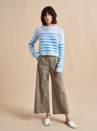 Get on board with our pale blue with tonal blue stripes, 7-ply wool-cashmere sweater, shrunken and slightly cropped, but as always, comfort and style not mutually exclusive.