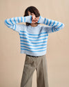 Get on board with our pale blue with tonal blue stripes, 7-ply wool-cashmere sweater, shrunken and slightly cropped, but as always, comfort and style not mutually exclusive.