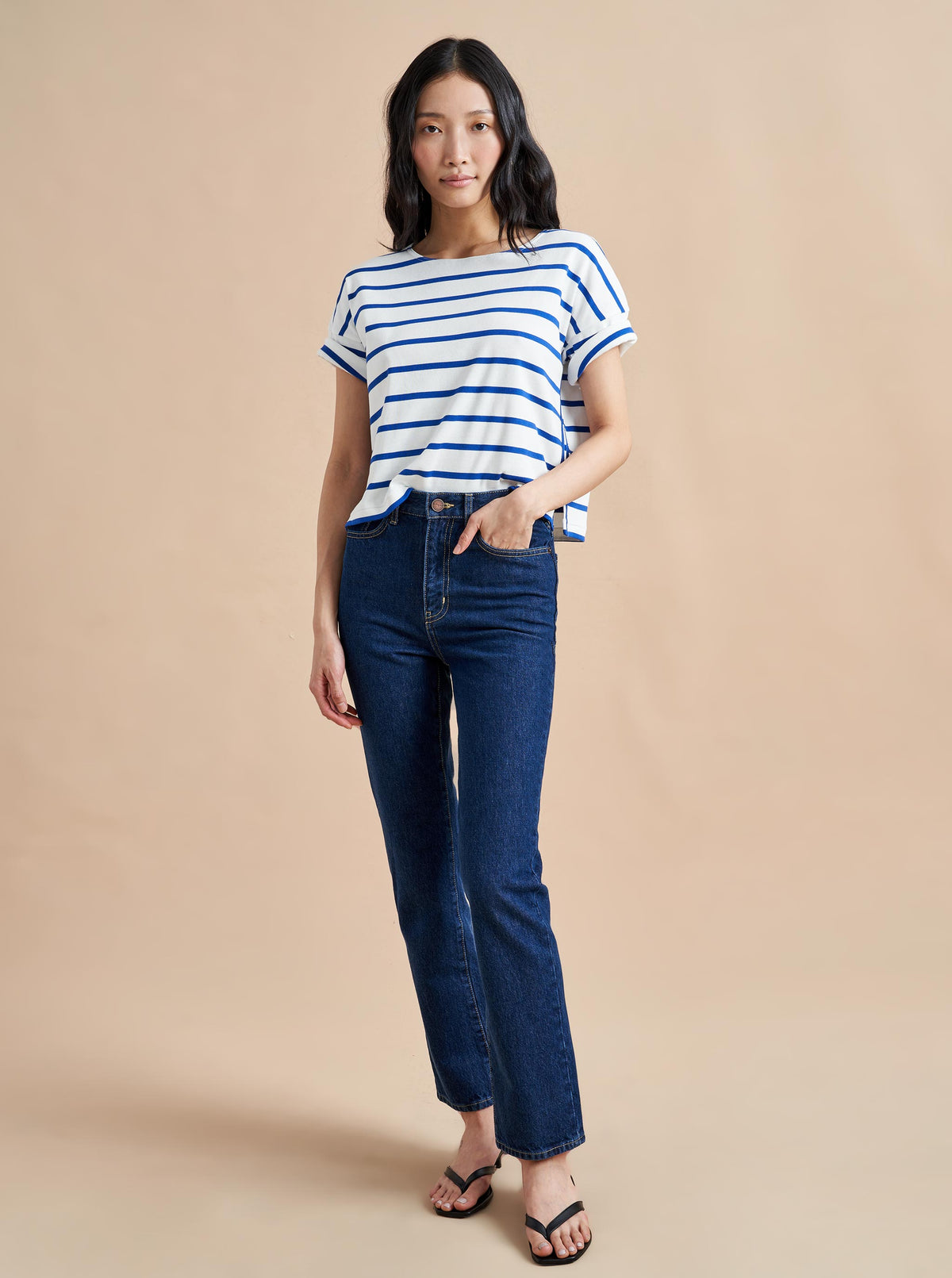 The classic, high-rise, non-stretch, straight-leg jean that gets better after each wear, never goes out of style, never disappoints and you can never get enough of, AKA The Molly jean or The Mom Jean, aptly named after our co-founder that will take you from 9 to 5, after hours and beyond.