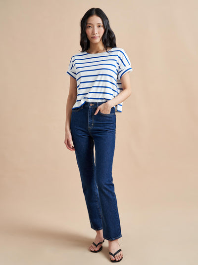 The classic, high-rise, non-stretch, straight-leg jean that gets better after each wear, never goes out of style, never disappoints and you can never get enough of, AKA The Molly jean or The Mom Jean, aptly named after our co-founder that will take you from 9 to 5, after hours and beyond.