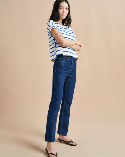 The classic, high-rise, non-stretch, straight-leg jean that gets better after each wear, never goes out of style, never disappoints and you can never get enough of, AKA The Molly jean or The Mom Jean, aptly named after our co-founder that will take you from 9 to 5, after hours and beyond.