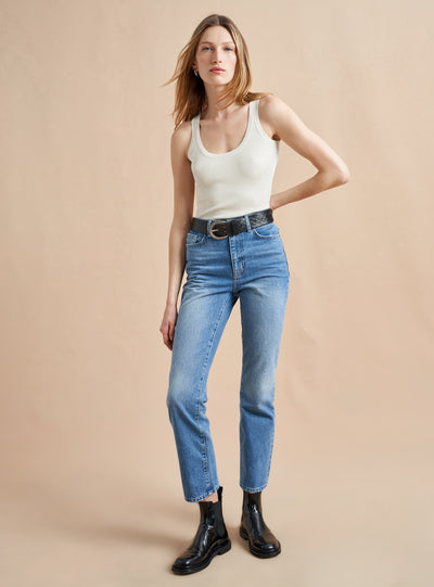 The classic, high-rise, non-stretch, straight-leg jean that gets better after each wear, never goes out of style, never disappoints and you can never get enough of, AKA The Molly jean or The Mom Jean, aptly named after our co-founder that will take you from 9 to 5, after hours and beyond. 