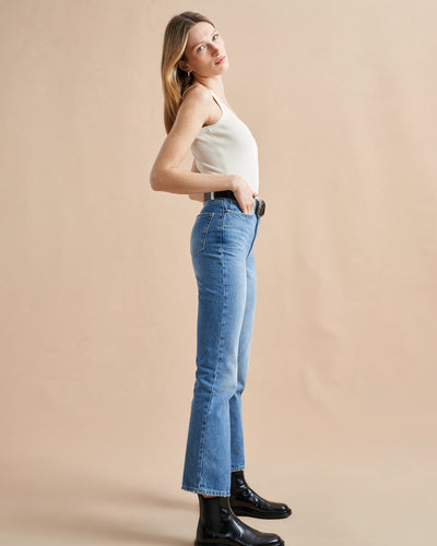 The classic, high-rise, non-stretch, straight-leg jean that gets better after each wear, never goes out of style, never disappoints and you can never get enough of, AKA The Molly jean or The Mom Jean, aptly named after our co-founder that will take you from 9 to 5, after hours and beyond. 