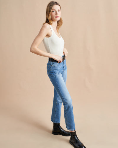 The classic, high-rise, non-stretch, straight-leg jean that gets better after each wear, never goes out of style, never disappoints and you can never get enough of, AKA The Molly jean or The Mom Jean, aptly named after our co-founder that will take you from 9 to 5, after hours and beyond. 