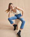 The classic, high-rise, non-stretch, straight-leg jean that gets better after each wear, never goes out of style, never disappoints and you can never get enough of, AKA The Molly jean or The Mom Jean, aptly named after our co-founder that will take you from 9 to 5, after hours and beyond. 