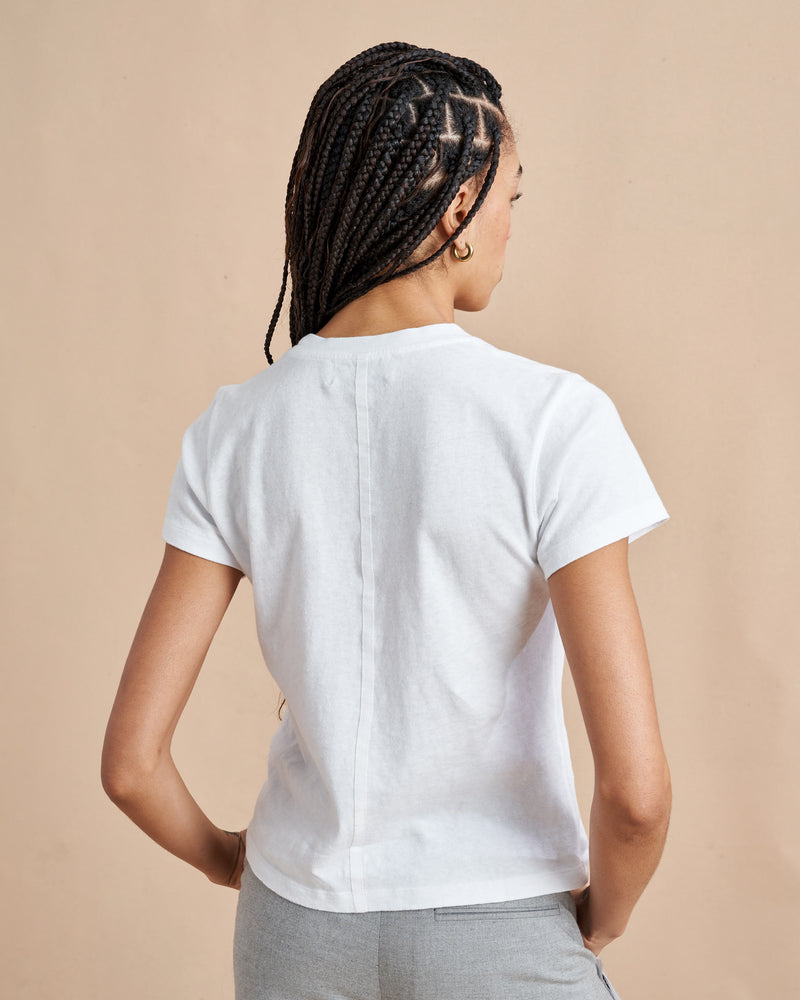 What makes the perfect tee? Why don't you ask our co-founders? Molly's vintage-inspired version in super soft cotton is more of slimmer fit, perfect for tucking into her namesake jean (or any of our jeans:-))