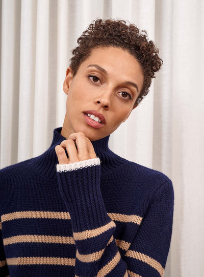 Get on board with our navy and camel stripe, 7-ply wool-cashmere mockneck, shrunken and slightly cropped, but as always, comfort and style not mutually exclusive.