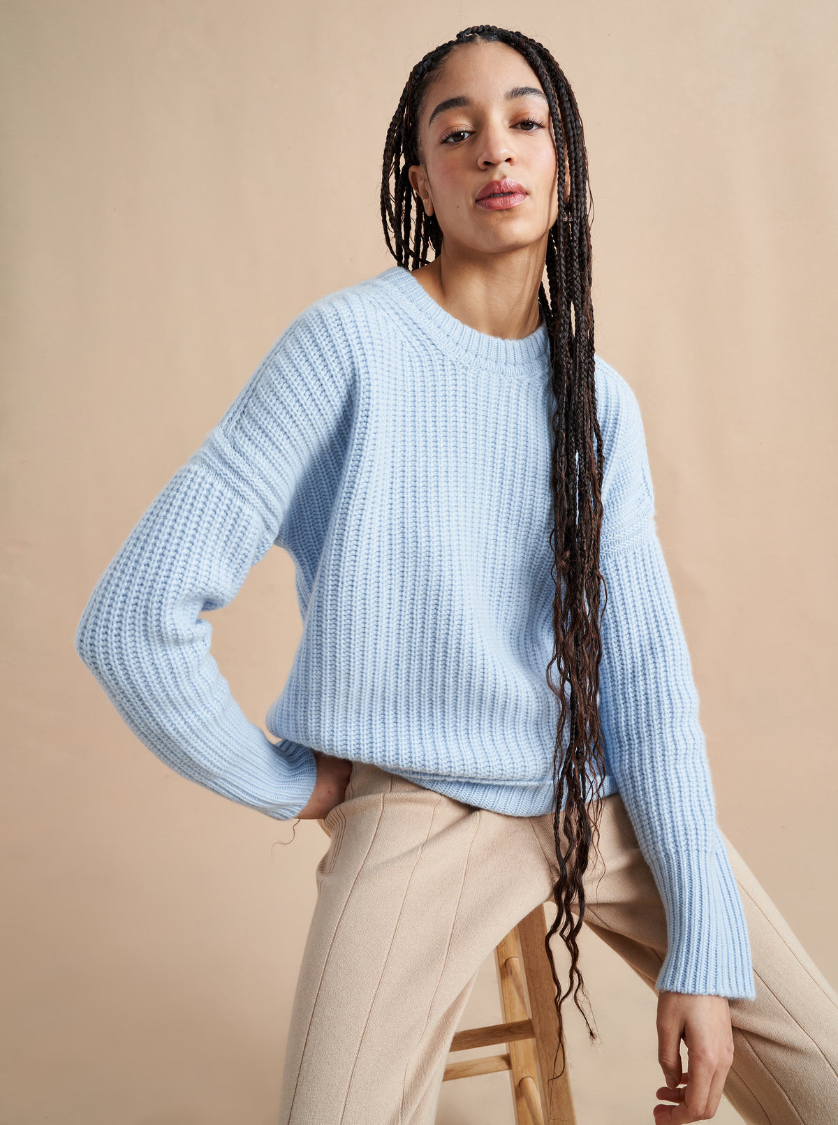 This is it. This is your everyday, never-without, take-with-you-everywhere sweater that will always have your back. Deliciously ribbed cashmere in a loose crewneck silhouette means you need one in every color for tous les jours.