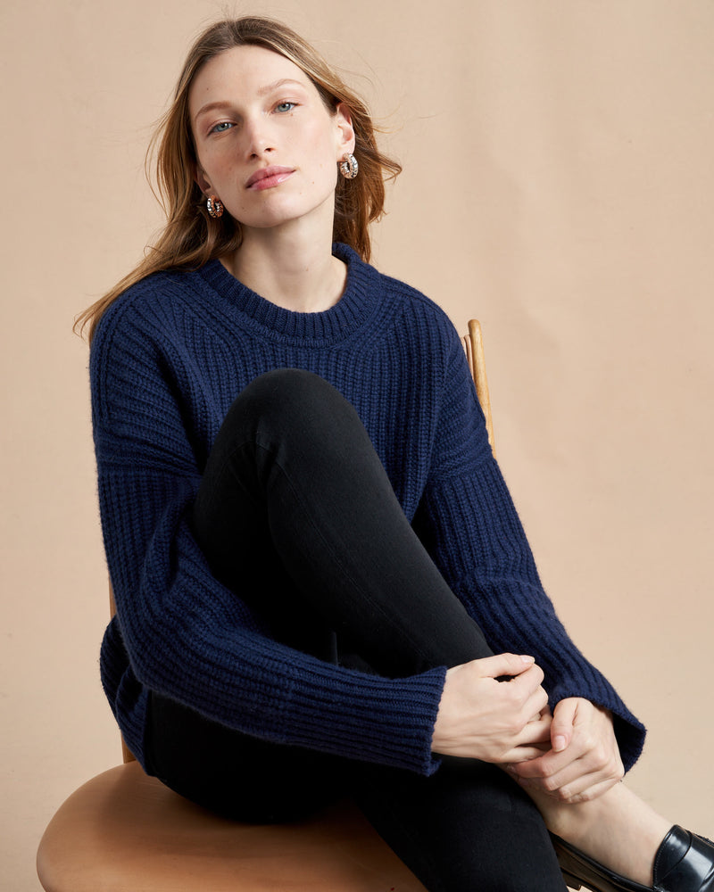 This is it. This is your everyday, never-without, take-with-you-everywhere sweater that will always have your back. Deliciously ribbed cashmere in a loose crewneck silhouette means you need one in every color for tous les jours. 