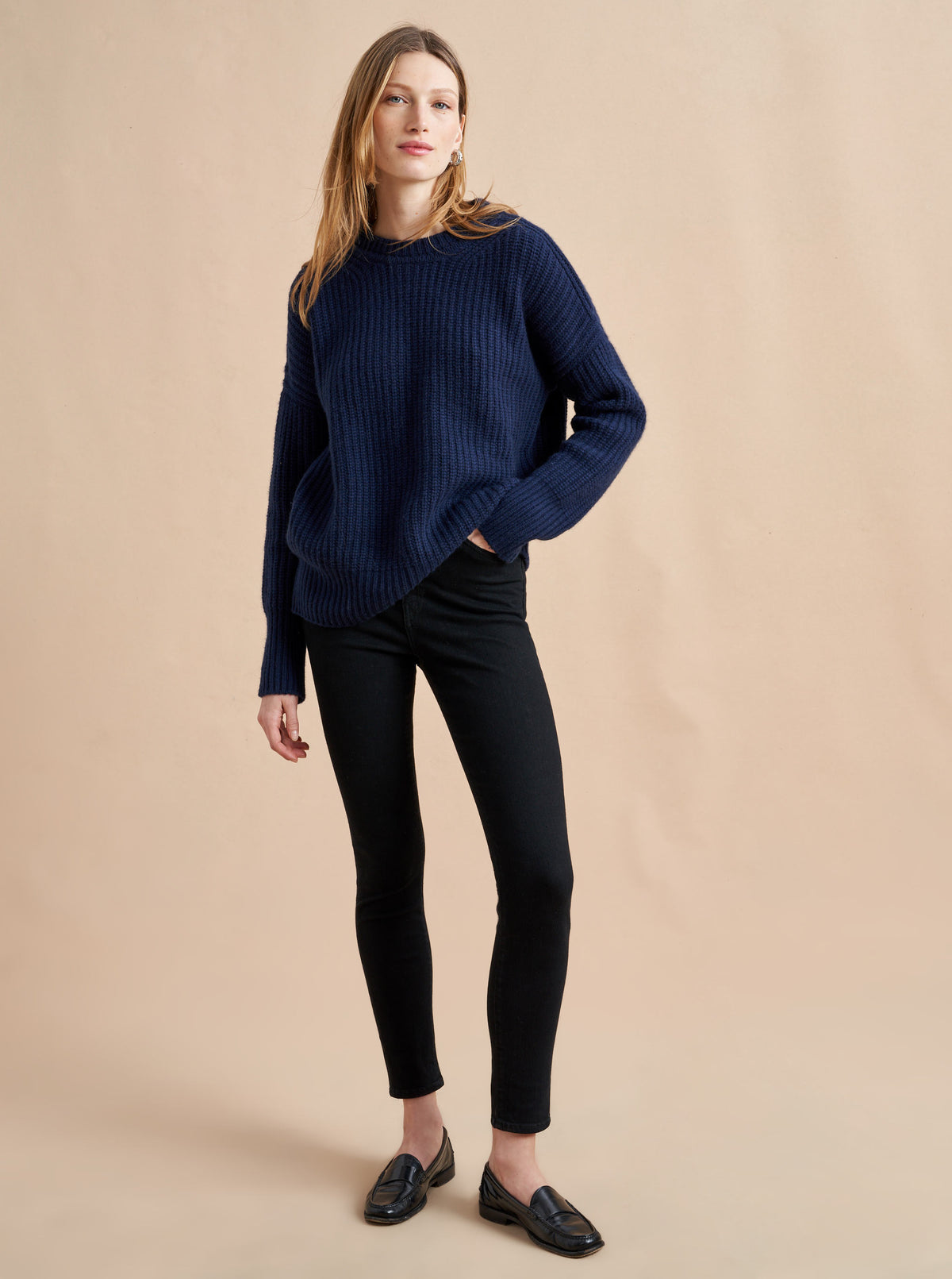 This is it. This is your everyday, never-without, take-with-you-everywhere sweater that will always have your back. Deliciously ribbed cashmere in a loose crewneck silhouette means you need one in every color for tous les jours. 