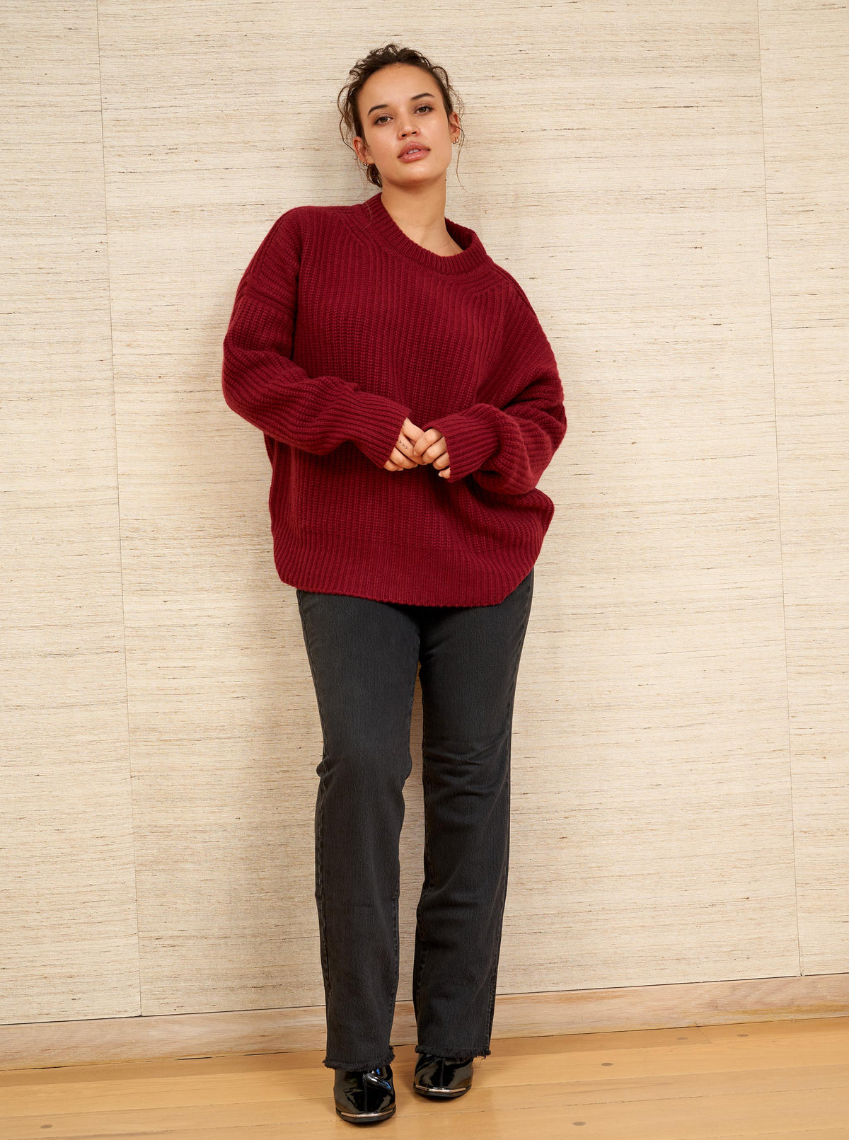 This is it. This is your everyday, never-without, take-with-you-everywhere sweater that will always have your back. Deliciously ribbed cashmere in a loose crewneck silhouette means you need one in every color for tous les jours.